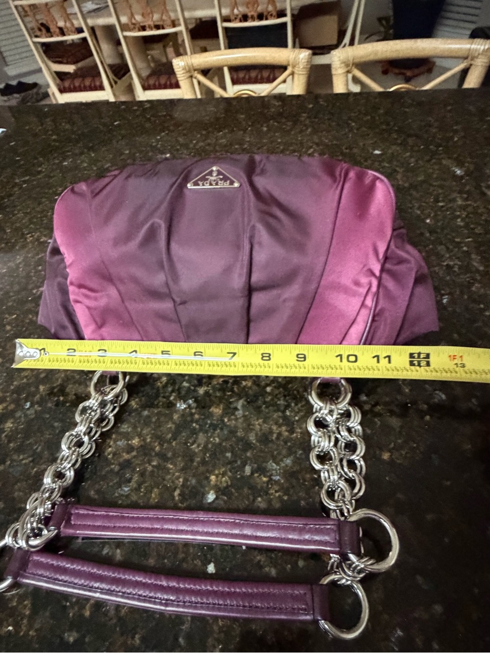 Prada Two-Tone Plum Satin Shoulder Bag with Chain Handles - Picture 12 of 14